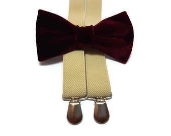 burgundy velvet bow tie beige suspenders men groomsmen bowties ring bearers suspenders usher wedding outfit for groom/for groomsmen A482/VL