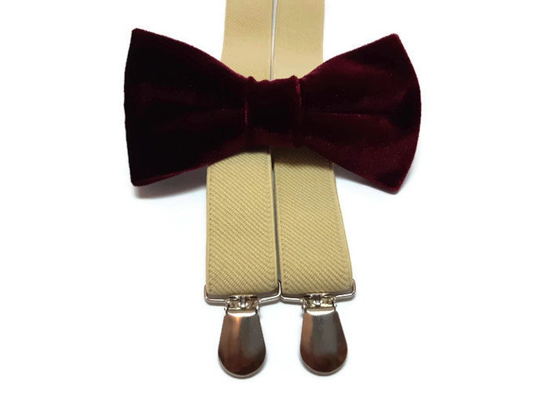 Burgundy velvet bow tie beige suspenders men groomsmen bowties Etsy
