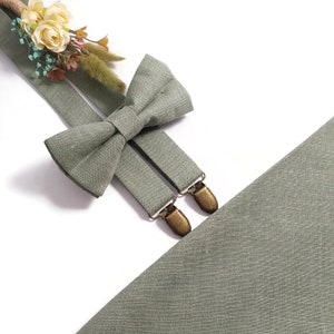 Set of Silver sage green linen bow tie matching LINEN suspenders boy child adult sizes wedding pocket square groomsmen groom neck tie father