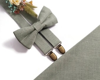 Set of Silver sage green linen bow tie matching LINEN suspenders boy child adult sizes wedding pocket square groomsmen groom neck tie father