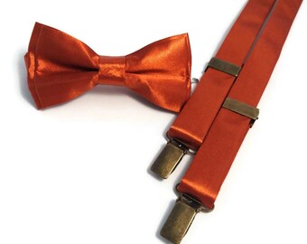 NEW BRONZE Cinnamon Rustic wedding ideas man Ginger Copper satin bow tie suspenders Copper Coffee Groomsmen Ringbearer pocket squares infant