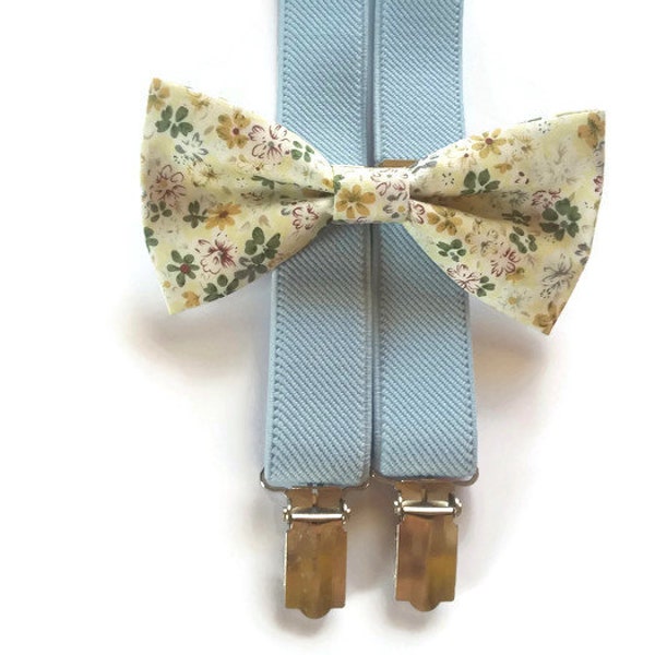 Light BLUE suspenders floral bow tie pale yellow green ocher for ring brearer set for fall weddings ideas groom groommsmen bowties