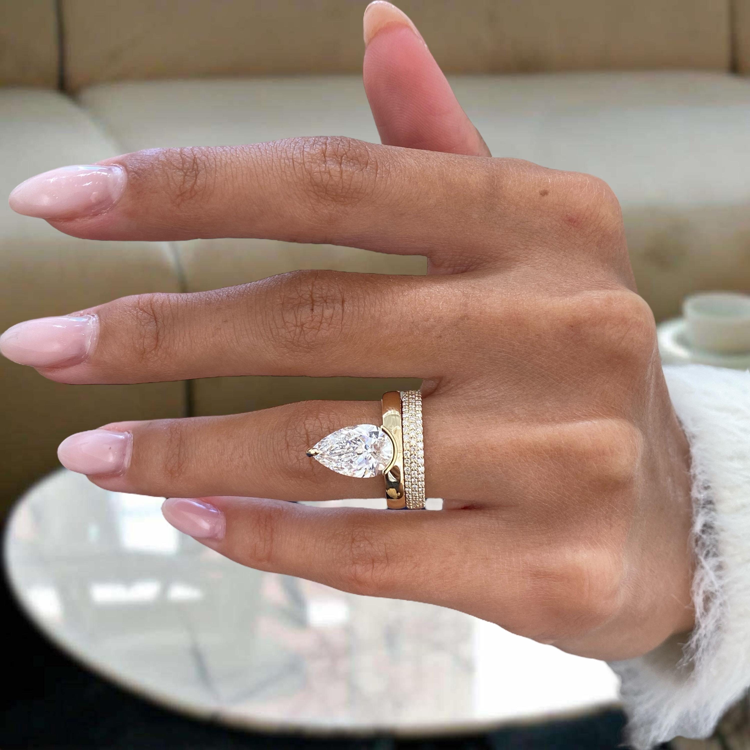 Pear Cut Diamond Engagement Ring Set, Solid 14K Yellow Gold Solitaire W ...