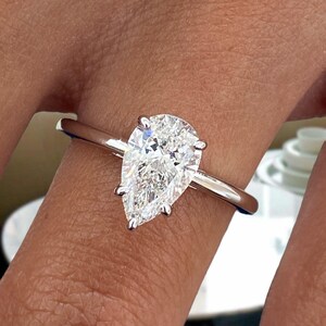 Pear Cut Prong Set Elongated Diamond Engagement Ring, Solid 18K White Gold, Certified E/VVS2 Lab Created Diamond, Hidden Halo, Gift for Her