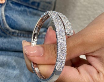 Diamond Bangle Tennis Bracelet Oval and Round 5.78 Ct E VVS2 Lab Grown Diamonds Pave Setting 14k White Gold