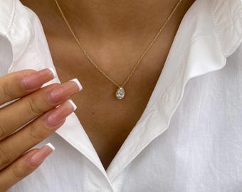 Solitaire Necklace 14K Yellow Gold 2.0ct IGI Certified E/VVS2 Pear Cut Lab Created Diamond Bezel Setting Gift for Her Luxury Jewelry