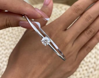 Bangle Bracelet 14K White Gold 1.0ct IGI Certified E/VVS2 Round Brilliant Cut Lab Created Diamond 4-Prong Setting Anniversary Gift