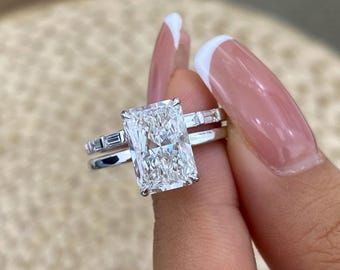 3.4ct IGI Certified E/VVS2 Radiant Cut Lab Created Diamond Bridal Set Rings Set 14K White Gold 4-Prong Setting Round,Baguette Side Stones