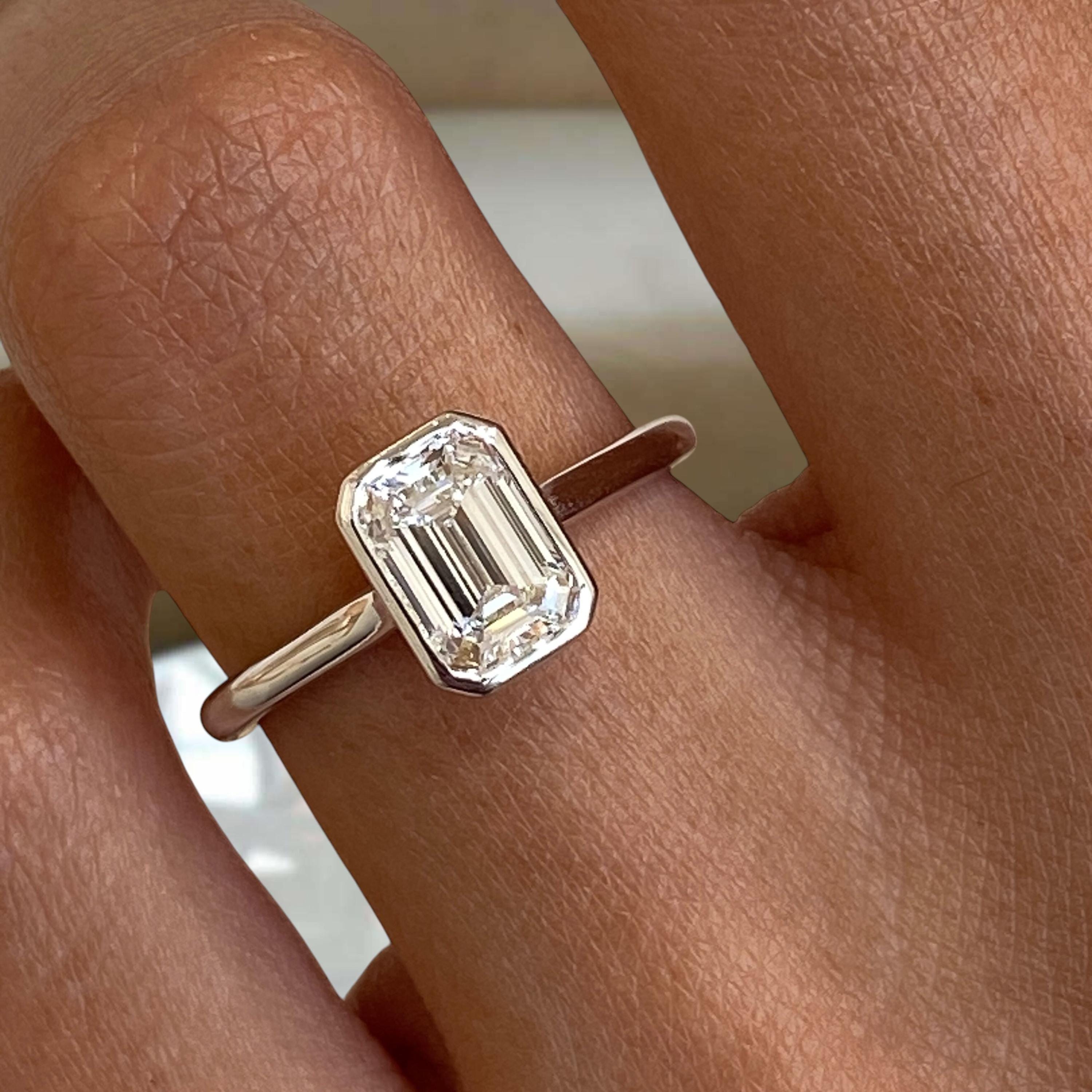 14K White Gold Proposal Ring, Emerald Cut Diamond Engagement Ring, Certified 1ct E/VVS2 Lab Created Diamond, Wedding Jewelry for Women