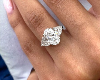 Perfect Oval Cut Lab Grown Diamond Three Stone Set Engagement Ring, 14k White Gold Ring, Pear Shape Side Diamond, 3.94 Carat Certified F/VS1