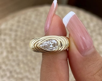 Engagement Ring 14K Yellow Gold 0.5ct E/VVS2 Pear Cut Lab Created Diamond Bezel Setting Certified Anniversary Gift Birthday Gift