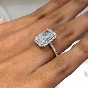 Solid 14K White Gold Proposal Ring, Radiant Cut Diamond Engagement Ring, Certified 4.45ct E/VVS2 Lab Created Diamond, Elongated Diamond