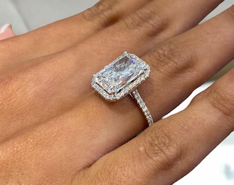 Solid 14K White Gold Proposal Ring, Radiant Cut Diamond Engagement Ring, Certified 4.45ct E/VVS2 Lab Created Diamond, Elongated Diamond