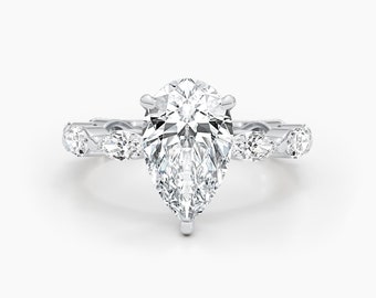 14k White Gold Proposal Ring, 4.3 Ct Hidden Halo Lab Diamond Ring, Engagement Ring, Pear Marquise and Round Cut Diamond F-VS1 IGI Certified