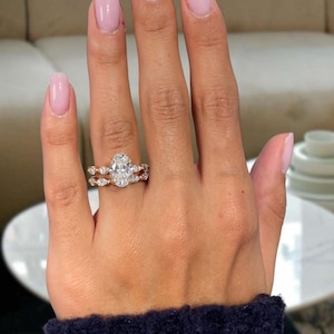 Solid 14K Yellow Gold Bridal Set, Oval Cut Lab Created Diamond Engagement Ring, Marquise Wedding Band, IGI Certified 4.65ct E/VVS2 Clarity