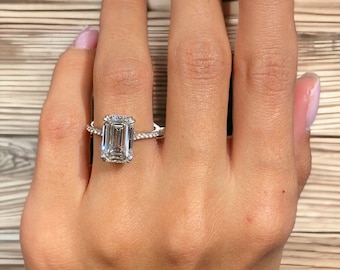 Perfect Emerald Cut Diamond Engagement Ring, 5.30 Carat Lab Diamond Ring, Solid 14k White Gold Hidden Halo Set Promise Ring, IGI Certified