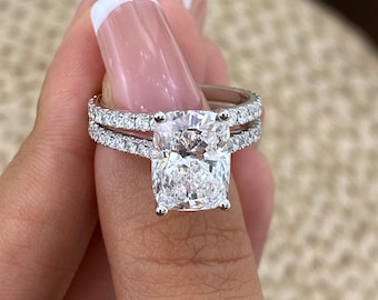 4.9ct IGI Certified E/VVS2 Cushion Cut Lab Created Diamond Bridal Set Rings Set 14K White Gold 4-Prong Setting Round Side Stones Cut