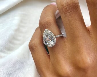 14k White Gold Diamond Engagement Ring, 2.59 Ct Lab Diamond Halo Ring, IGI Certified Pear and Round Cut Diamond, Promise Ring