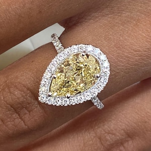 Solid 14K White Gold Proposal Ring, Pear Cut Diamond Engagement Ring, Wedding Jewelry, Certified 2.97ct Fancy/VS1 Lab Created Diamond