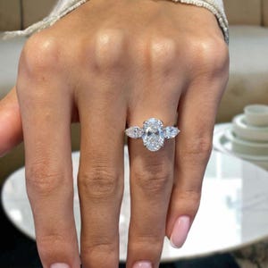 14K White Gold Ring, Oval Cut Diamond Engagement Ring, Certified 3ct E/VVS2 Lab Created Diamond, Three Stone Ring, Anniversary Gift
