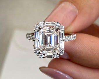 14K Gold Engagement Ring 3.15 TCW Lab Grown & Moissanite 2.5ct Center VVS1 Clarity D-E Color Emerald Shape Baguette Round Side Stones