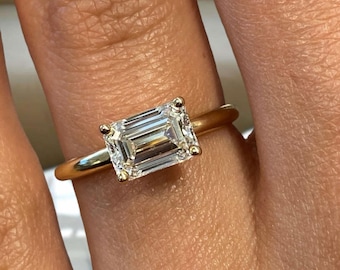 Anello di fidanzamento in oro giallo 14 carati, diamante sintetico taglio smeraldo da 0 ct certificato IGI E/VVS2, regalo per lei, regalo per damigella d'onore.