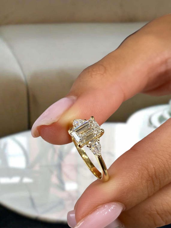 Three Stone Diamond Engagement Ring, Emerald Cut Lab Created