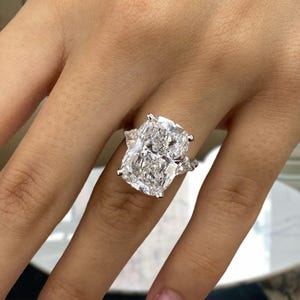 Solid 14K White Gold Three Stone Ring, Huge Cushion Cut Diamond Engagement Ring, 10.80ct E/VVS2 Lab Created Diamond, Wedding Jewelry