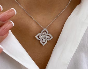 Statement Necklace 14K White Gold 1.3ct E/VVS2 Pear Cut Lab Created Diamond 3- Prong,Pave Setting 28 Round Brilliant Shaped Side Stones