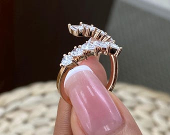 Half Eternity Ring 14K Rose Gold 1.5ct E/VVS2 Pear Cut Lab Created Diamond 3- Prong Setting Certified Luxury Jewelry Statement Piece