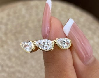 Half Eternity Ring 14K Yellow Gold 1.2ct E/VVS2 Pear Cut Lab Created Diamond Bezel Setting Certified Gift for Her Bridesmaid Gift