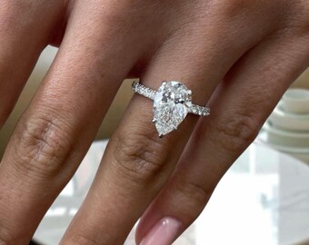 Anillo de propuesta solitario con piedra lateral, anillo de compromiso con diamante de talla pera, diamante creado en laboratorio con certificación E/VVS2 de 2,38 ct, anillo de oro blanco de 14 quilates.