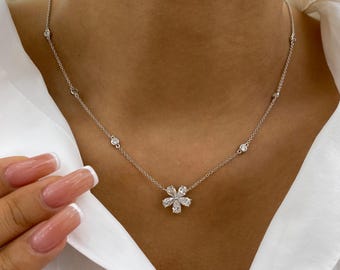 Statement Necklace 14K White Gold 1.5ct E/VVS2 Pear Cut Lab Created Diamond 3- Prong,Bezel Setting 6 Round Brilliant Shaped Side Stones
