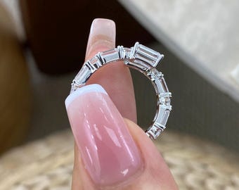 Half Eternity Ring 14K White Gold 3.2ct E/VVS2 Emerald Cut Lab Created Diamond 4-Prong,4-Prong Setting 4 Emerald Shaped Side Stones