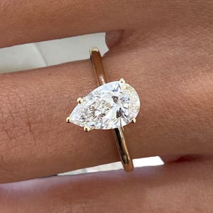 Solid 14K Yellow Gold Engagement Ring, Pear Cut Diamond Ring, Certified 1.16ct E/VVS2 Lab Created Diamond Solitaire w/ Hidden Halo Ring