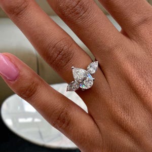 Pear Cut Lab Created Diamond Engagement Ring, 14K White Gold Three Stone Ring, IGI Certified 2.59ct E/VVS2 Lab Created Diamond, Bridal Ring