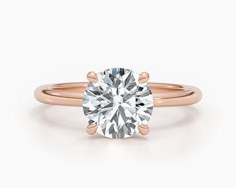 Solid 14k Rose Gold Hidden Halo Diamond Ring, 2.6 Ct Round Cut Lab Diamond Engagement Ring, IGI Certified F-VS1, Proposal Ring for Women