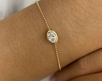 Chain Bracelet 14K Yellow Gold 0.5ct E/VVS2 Oval Cut Lab Created Diamond Bezel Setting Certified Modern Minimal Jewelry Design Fine Jewelry