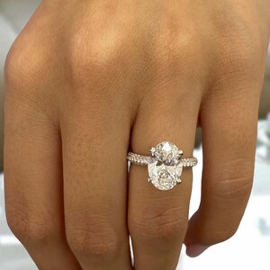 3.22 Carat Oval Cut Solitaire Ring with Hidden Halo & Pave Band, Solid 18K White Gold, Certified E/VVS2 Lab Created Diamond, Engagement Ring