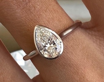 Pear Cut Diamond Engagement Ring, Solid 14K White Gold Bezel Set Ring for Women, Certified 1ct E/VVS2 Lab Created Diamond, Wedding Jewelry