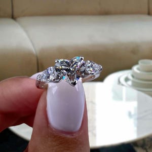 Three Stone Heart Diamond Ring, 1.80ct Lab Created Diamond, Solid 18K White Gold Engagement Ring, Romantic Proposal Jewelry, E/VVS2