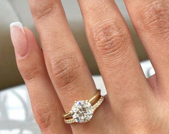 2ct IGI Certified E/VVS2 Round Cut Lab Created Diamond Bridal Set Ring 14K Yellow Gold Setting Wedding Jewelry Birthday Gift Luxury Jewelry