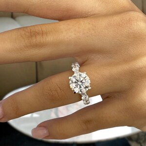 Solid 14K White Gold Proposal Ring, Round Cut Diamond, Certified 4.30ct E/VVS2 Lab Created Diamond, Prong Set, Half Eternity Engagement Ring
