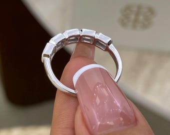 Half Eternity Ring 14K White Gold 1.1ct E/VVS2 Emerald Cut Lab Created Diamond Bezel Setting Certified Delicate Jewelry for Daily Wear