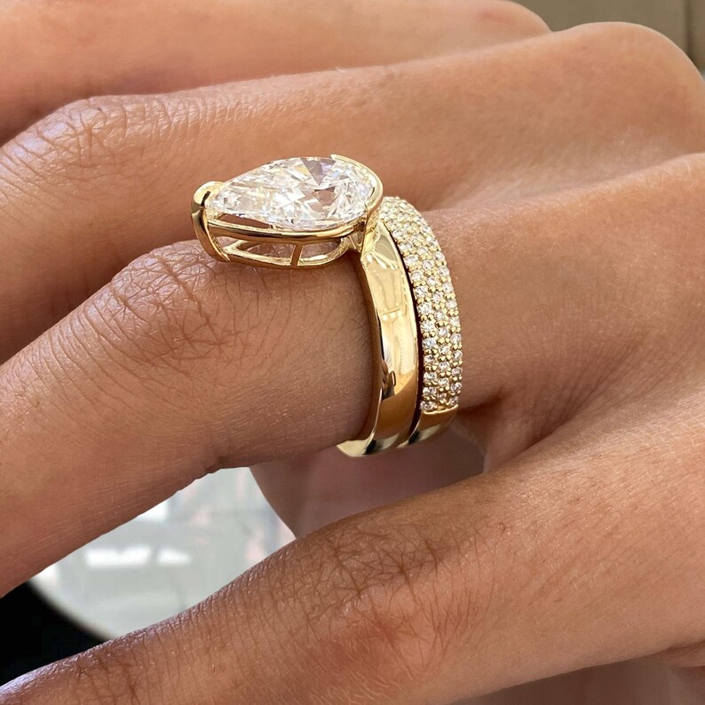 Pear Cut Diamond Engagement Ring Set, Solid 14K Yellow Gold Solitaire W ...