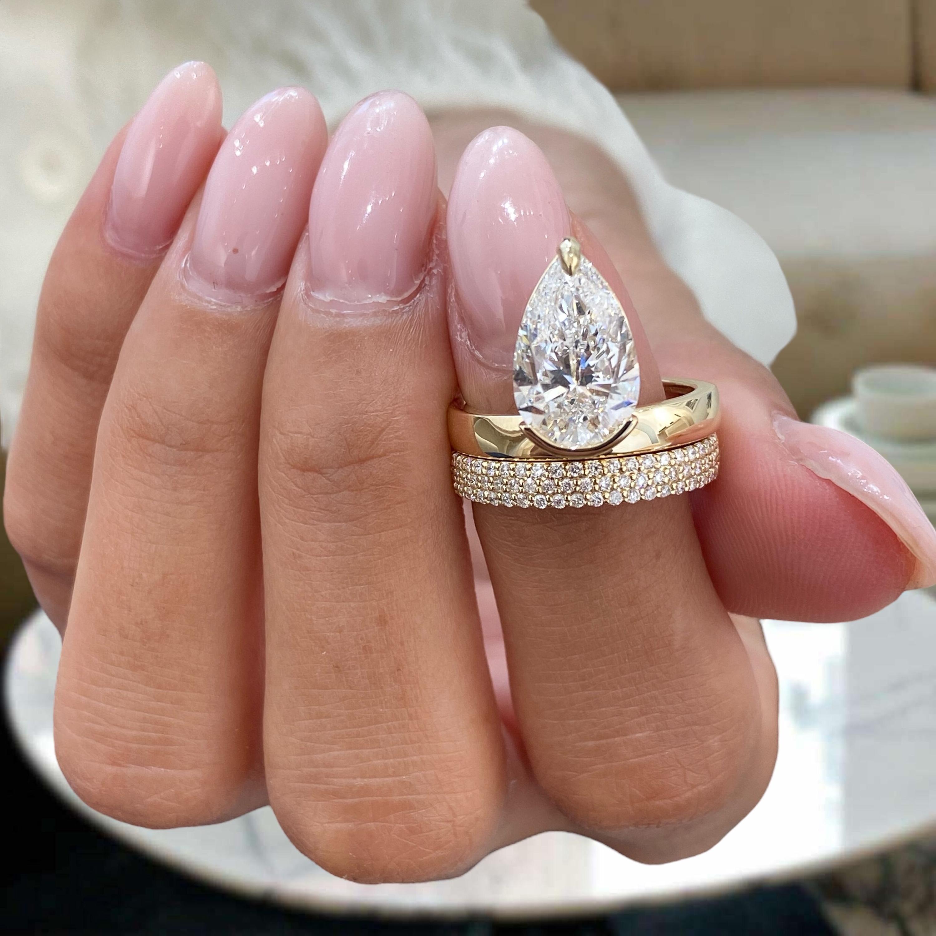 Pear Cut Diamond Engagement Ring Set, Solid 14K Yellow Gold Solitaire W ...