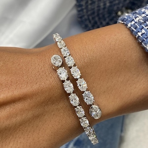 14k Solid White Gold Diamond Bangle Bracelet, Certified 6.86ct E/VVS2 Oval Cut Lab Created Diamond, Wrap Style Bracelet, Anniversary Gift