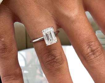 Anello di fidanzamento in oro bianco 14 carati con diamante taglio smeraldo da 2 carati certificato IGI E/VVS2, creato in laboratorio. Gioiello di lusso, regalo per lei.