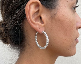 Hoop Earrings for Women Moissanite Oval or Round Inside Out 925 Sterling Silver (D-E, VVS1-VVS2) Omega Back Finding Rare Birthday Gift
