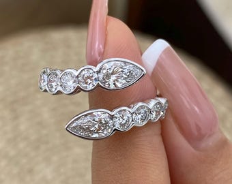 Half Eternity Ring 14K White Gold 1.7ct E/VVS2 Pear Cut Lab Created Diamond Bezel Setting 8 Round Brilliant Shaped Side Stones